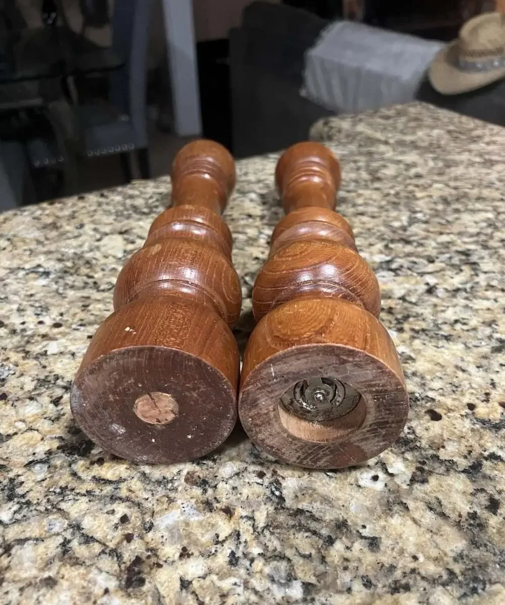 Vintage Mid Century Modern Turned Wood Salt Shaker and Pepper Grinder Mill Set